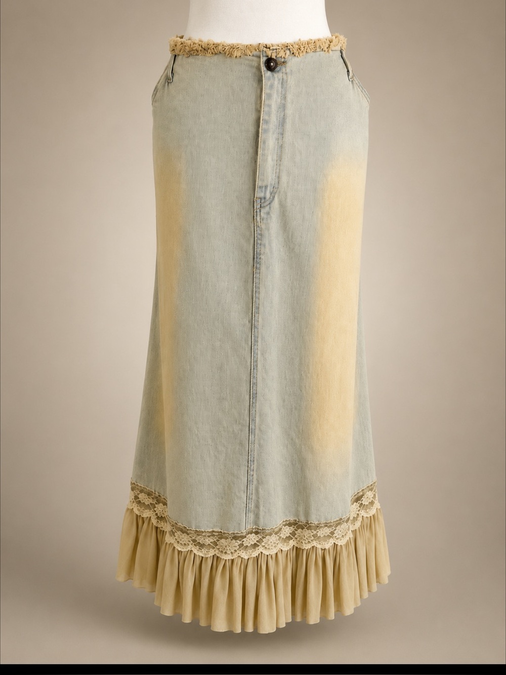 Vintage Juke Box Denim Prairie Skirt Lace Ruffle Y2K Western Cottagecore S 24